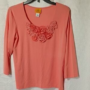 Ruby Rd. Coral Pink Long-Sleeve Scoop Neck Top with Rosette Appliqué